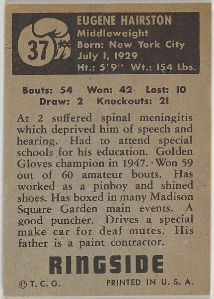 Eugene Hairston, Welterweight, from the Topps Ringside series (R411) issued by Topps Chewing Gum Company, Issued by Topps Chewing Gum Company (American, Brooklyn), Commercial color lithograph