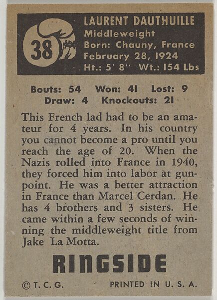 Laurent Dauthuelle, Middleweight, from the Topps Ringside series (R411) issued by Topps Chewing Gum Company, Issued by Topps Chewing Gum Company (American, Brooklyn), Commercial color lithograph