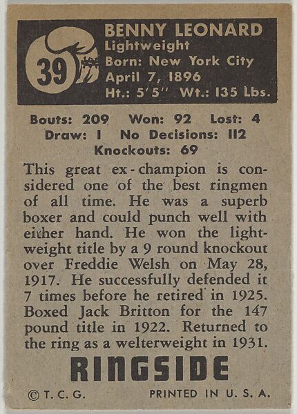 Benny Leonard, Lightweight Champion, 1917-1924, from the Topps Ringside series (R411) issued by Topps Chewing Gum Company, Issued by Topps Chewing Gum Company (American, Brooklyn), Commercial color lithograph