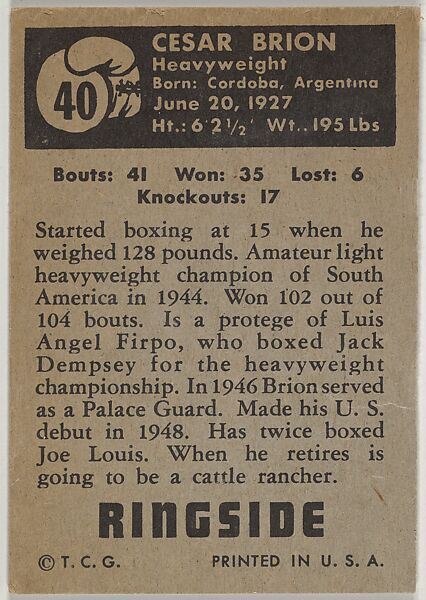 Cesar Brion, Heavyweight, from the Topps Ringside series (R411) issued by Topps Chewing Gum Company, Issued by Topps Chewing Gum Company (American, Brooklyn), Commercial color lithograph