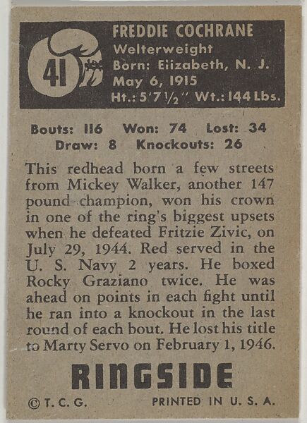 Freddie "Red" Cochrane, Welterweight Champion, 1941-1944, from the Topps Ringside series (R411) issued by Topps Chewing Gum Company, Issued by Topps Chewing Gum Company (American, Brooklyn), Commercial color lithograph