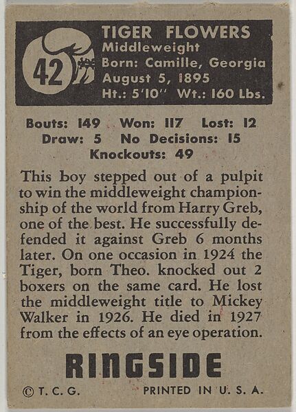 Tiger Flowers, Middleweight Champion, 1926, from the Topps Ringside series (R411) issued by Topps Chewing Gum Company, Issued by Topps Chewing Gum Company (American, Brooklyn), Commercial color lithograph