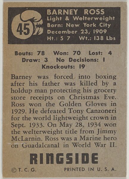 Barney Ross, Welterweight Champion, 1936-1938, from the Topps Ringside series (R411) issued by Topps Chewing Gum Company, Issued by Topps Chewing Gum Company (American, Brooklyn), Commercial color lithograph