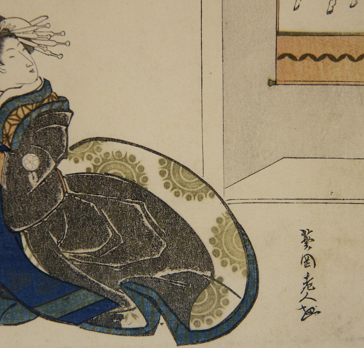 Courtesan with Branch of Plum Blossoms, Totoya Hokkei (Japanese, 1780–1850), Woodblock print (shikishiban surimono); ink and color on paper, Japan