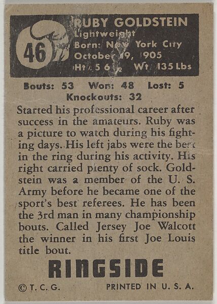Ruby Goldstein, Referee, from the Topps Ringside series (R411) issued by Topps Chewing Gum Company, Issued by Topps Chewing Gum Company (American, Brooklyn), Commercial color lithograph