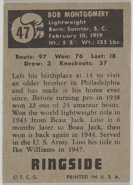 Bob Montgomery, Lightweight Champion, 1944-1947, from the Topps Ringside series (R411) issued by Topps Chewing Gum Company, Issued by Topps Chewing Gum Company (American, Brooklyn), Commercial color lithograph