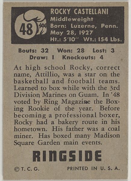 Rocky Castellani, Middleweight, from the Topps Ringside series (R411) issued by Topps Chewing Gum Company, Issued by Topps Chewing Gum Company (American, Brooklyn), Commercial color lithograph