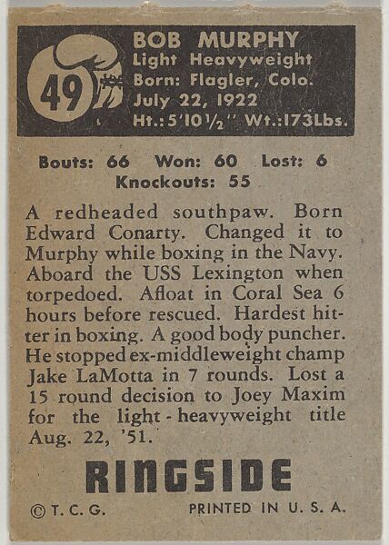 Bob Murphy, Light Heavyweight, from the Topps Ringside series (R411) issued by Topps Chewing Gum Company, Issued by Topps Chewing Gum Company (American, Brooklyn), Commercial color lithograph