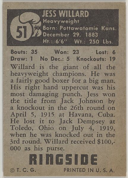 Jess Willard, Heavyweight Champion, 1915-1918, from the Topps Ringside series (R411) issued by Topps Chewing Gum Company, Issued by Topps Chewing Gum Company (American, Brooklyn), Commercial color lithograph