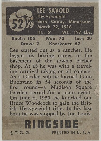 Lee Savold, Heavyweight, from the Topps Ringside series (R411) issued by Topps Chewing Gum Company, Issued by Topps Chewing Gum Company (American, Brooklyn), Commercial color lithograph
