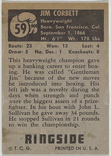 James J. Corbett, Heavyweight Champion, 1892-1897, from the Topps Ringside series (R411) issued by Topps Chewing Gum Company, Issued by Topps Chewing Gum Company (American, Brooklyn), Commercial color lithograph