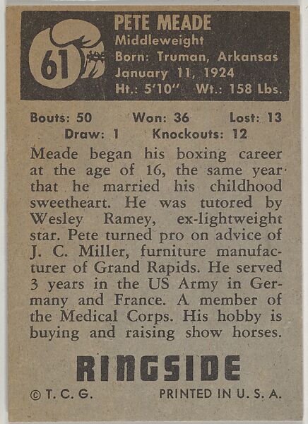 Pete Mead, Middleweight, from the Topps Ringside series (R411) issued by Topps Chewing Gum Company, Issued by Topps Chewing Gum Company (American, Brooklyn), Commercial color lithograph
