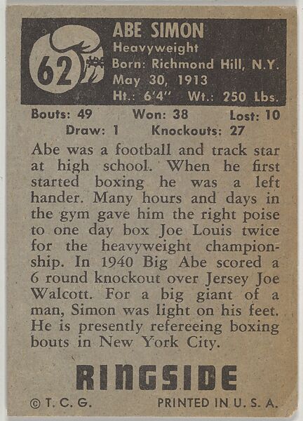 Abe Simon, Heavyweight, from the Topps Ringside series (R411) issued by Topps Chewing Gum Company, Issued by Topps Chewing Gum Company (American, Brooklyn), Commercial color lithograph