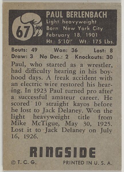 Paul Berlenbach, Light Heavy Champion, 1925, from the Topps Ringside series (R411) issued by Topps Chewing Gum Company, Issued by Topps Chewing Gum Company (American, Brooklyn), Commercial color lithograph