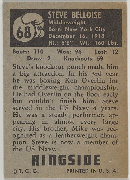 Steve Belloise, Middleweight, from the Topps Ringside series (R411) issued by Topps Chewing Gum Company, Issued by Topps Chewing Gum Company (American, Brooklyn), Commercial color lithograph