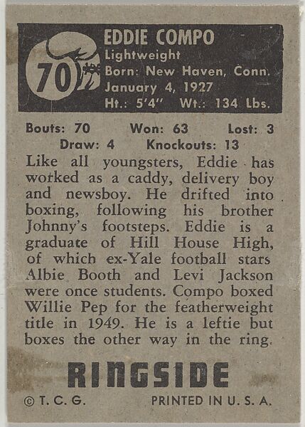 Eddie Compo, Featherweight, from the Topps Ringside series (R411) issued by Topps Chewing Gum Company, Issued by Topps Chewing Gum Company (American, Brooklyn), Commercial color lithograph