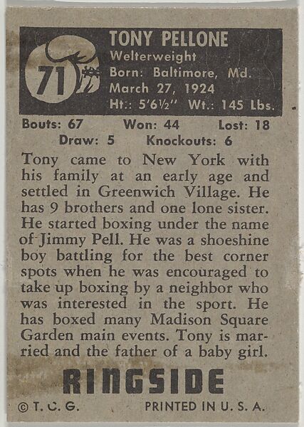 Tony Pellone, Welterweight, from the Topps Ringside series (R411) issued by Topps Chewing Gum Company, Issued by Topps Chewing Gum Company (American, Brooklyn), Commercial color lithograph
