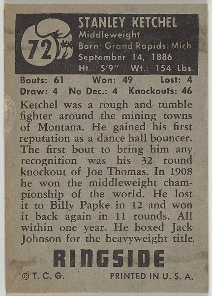 Stanley Ketchell, Middleweight Champion, 1908-1910, from the Topps Ringside series (R411) issued by Topps Chewing Gum Company, Issued by Topps Chewing Gum Company (American, Brooklyn), Commercial color lithograph