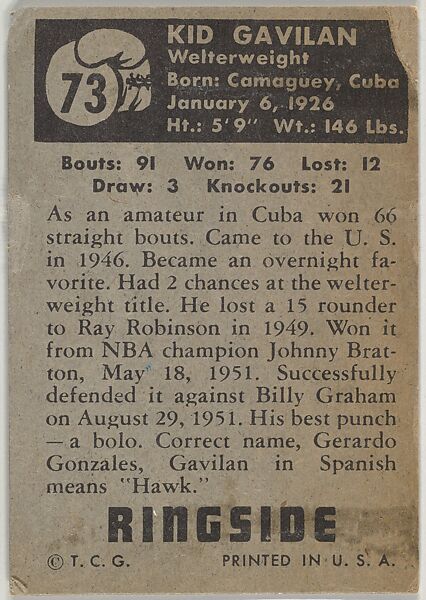 Kid Gavilan, Welterweight Champion, from the Topps Ringside series (R411) issued by Topps Chewing Gum Company, Issued by Topps Chewing Gum Company (American, Brooklyn), Commercial color lithograph