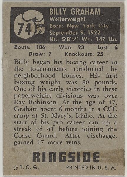 Billy Graham, Welterweight, from the Topps Ringside series (R411) issued by Topps Chewing Gum Company, Issued by Topps Chewing Gum Company (American, Brooklyn), Commercial color lithograph