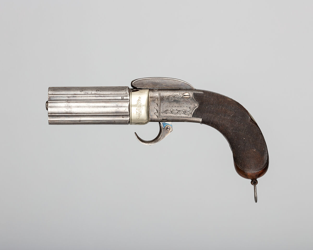 Six-Barreled Pepperbox Disk Primer Pistol with Case and Accessories, Joseph Rock Cooper (British, Birmingham 1814–1882 Warwickshire), pistol: steel, silver, wood (walnut); case: wood (mahogany), brass, textile; powder flask: copper, gold, brass, steel; ram rod: brass, steel; bullet mold: steel; cylinder container: tin (?), lacquer, British, Birmingham