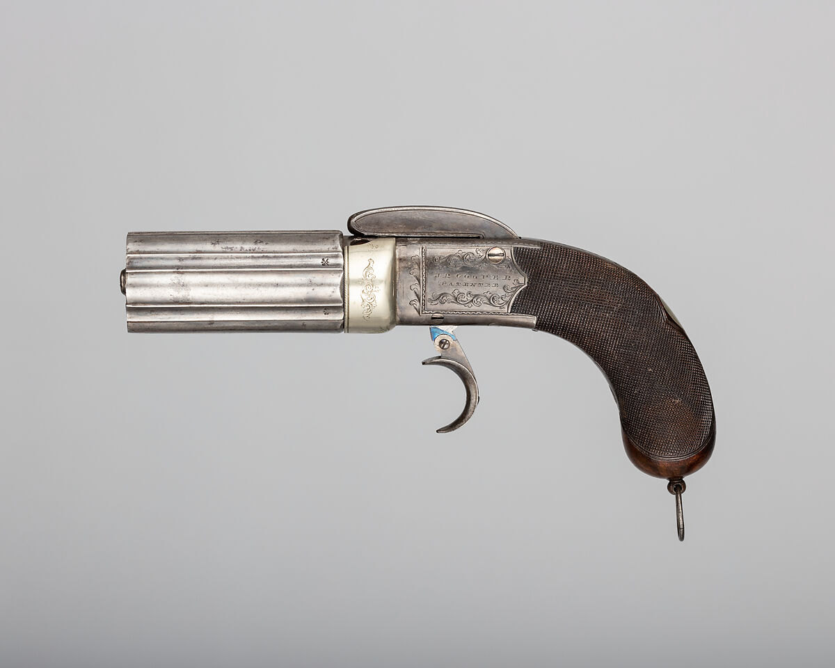 Six-Barreled Pepperbox Disk Primer Pistol with Case and Accessories, Joseph Rock Cooper (British, Birmingham 1814–1882 Warwickshire), pistol: steel, silver, wood (walnut); case: wood (mahogany), brass, textile; powder flask: copper, gold, brass, steel; ram rod: brass, steel; bullet mold: steel; cylinder container: tin (?), lacquer, British, Birmingham