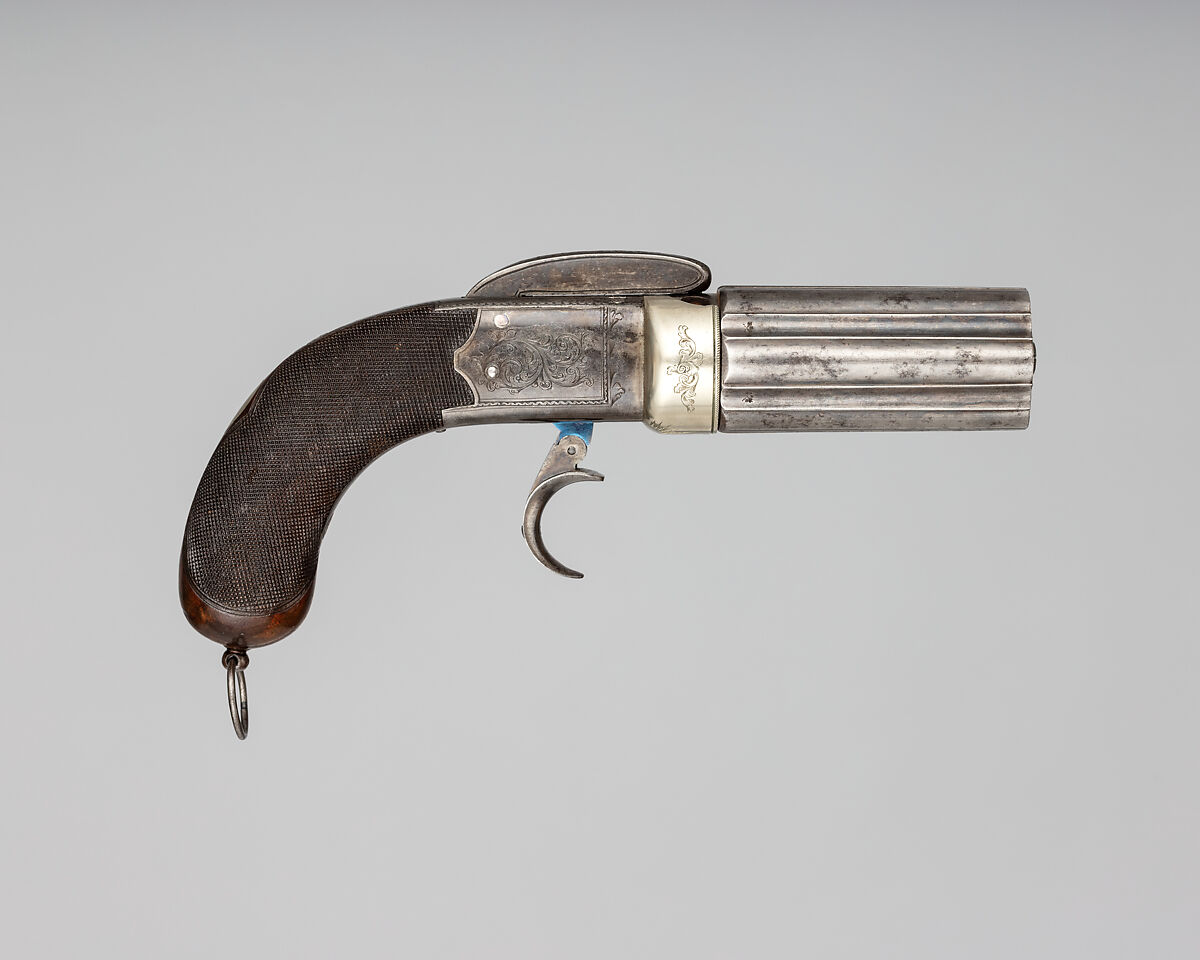 Six-Barreled Pepperbox Disk Primer Pistol with Case and Accessories, Joseph Rock Cooper (British, Birmingham 1814–1882 Warwickshire), pistol: steel, silver, wood (walnut); case: wood (mahogany), brass, textile; powder flask: copper, gold, brass, steel; ram rod: brass, steel; bullet mold: steel; cylinder container: tin (?), lacquer, British, Birmingham 