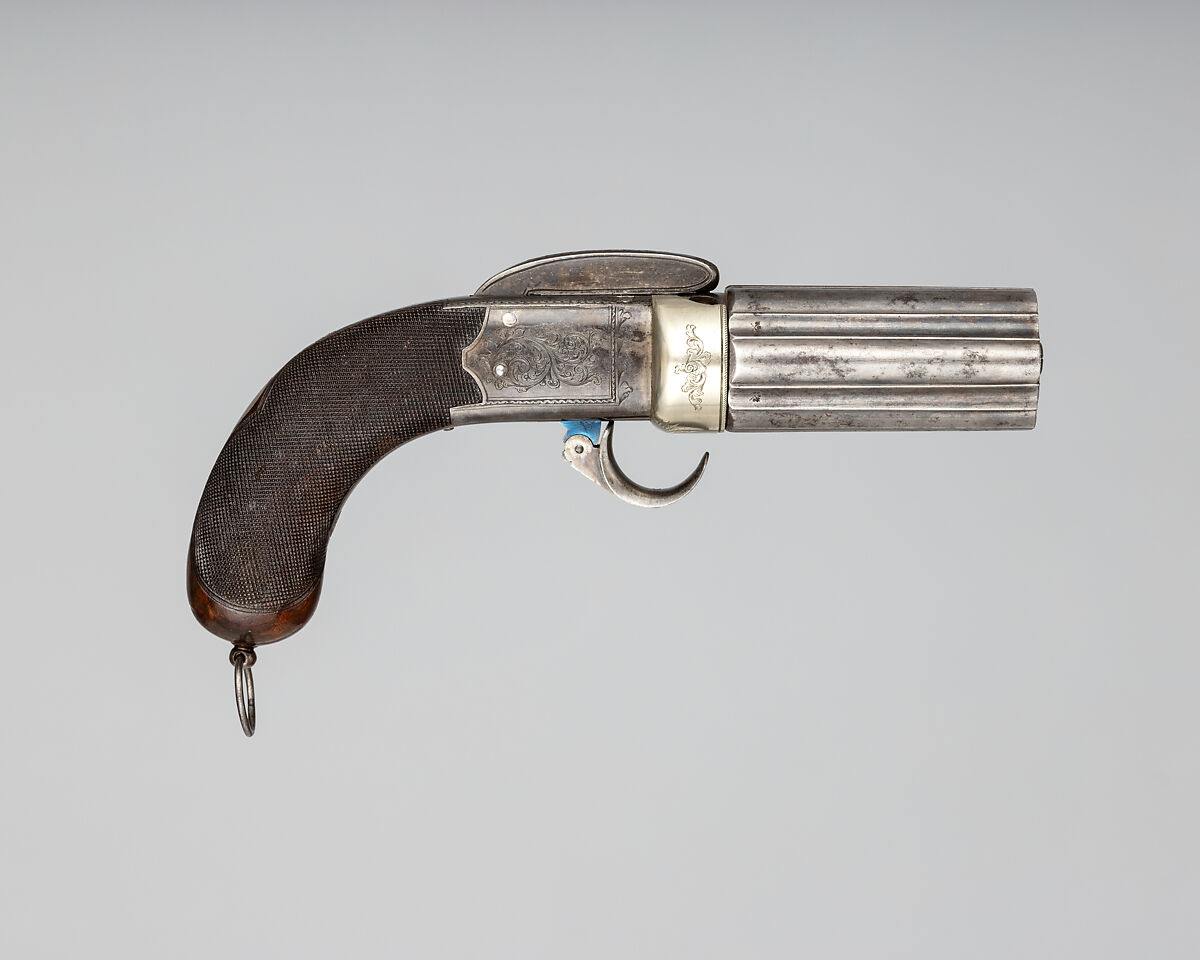 Six-Barreled Pepperbox Disk Primer Pistol with Case and Accessories, Joseph Rock Cooper (British, Birmingham 1814–1882 Warwickshire), pistol: steel, silver, wood (walnut); case: wood (mahogany), brass, textile; powder flask: copper, gold, brass, steel; ram rod: brass, steel; bullet mold: steel; cylinder container: tin (?), lacquer, British, Birmingham