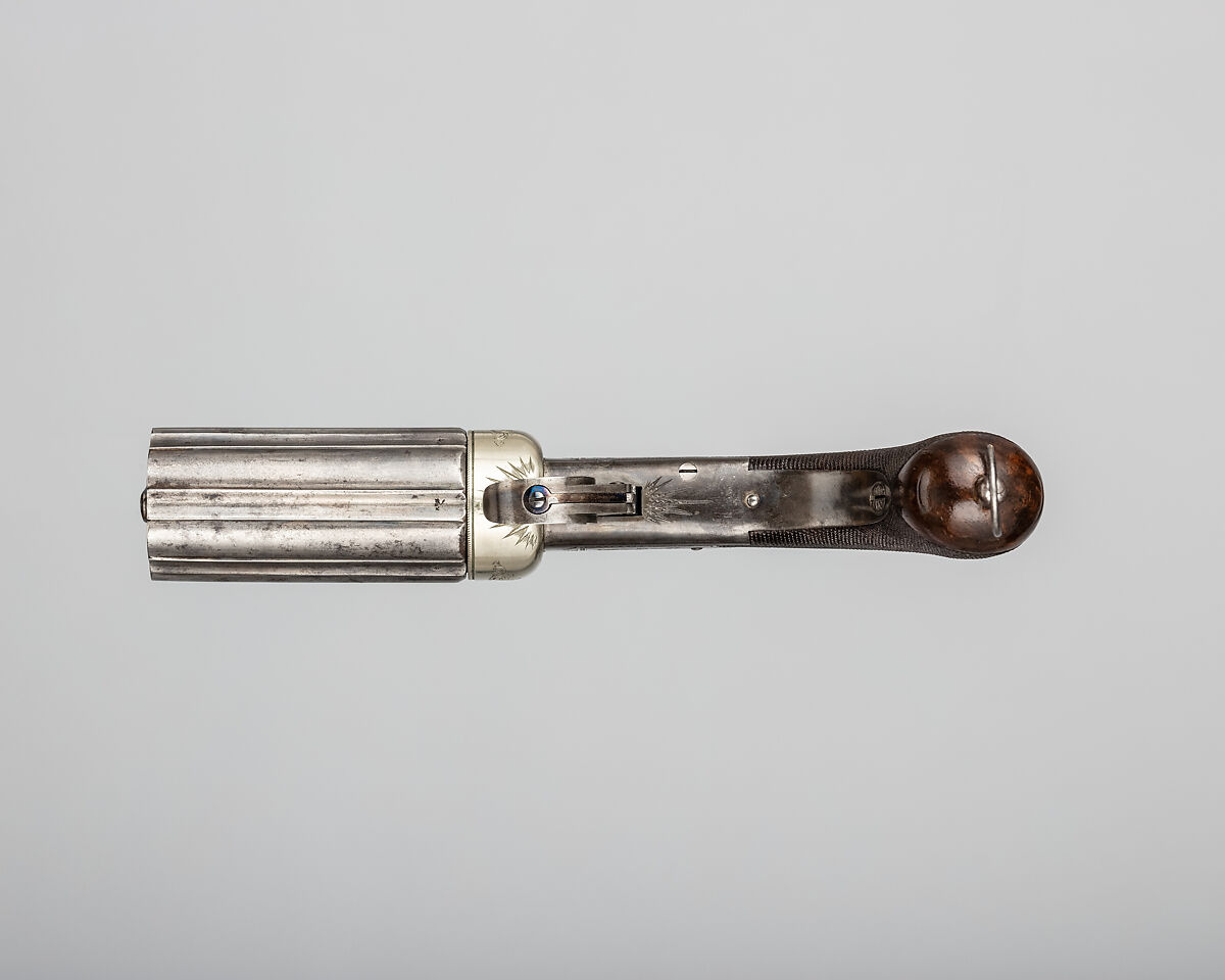 Six-Barreled Pepperbox Disk Primer Pistol with Case and Accessories, Joseph Rock Cooper (British, Birmingham 1814–1882 Warwickshire), pistol: steel, silver, wood (walnut); case: wood (mahogany), brass, textile; powder flask: copper, gold, brass, steel; ram rod: brass, steel; bullet mold: steel; cylinder container: tin (?), lacquer, British, Birmingham