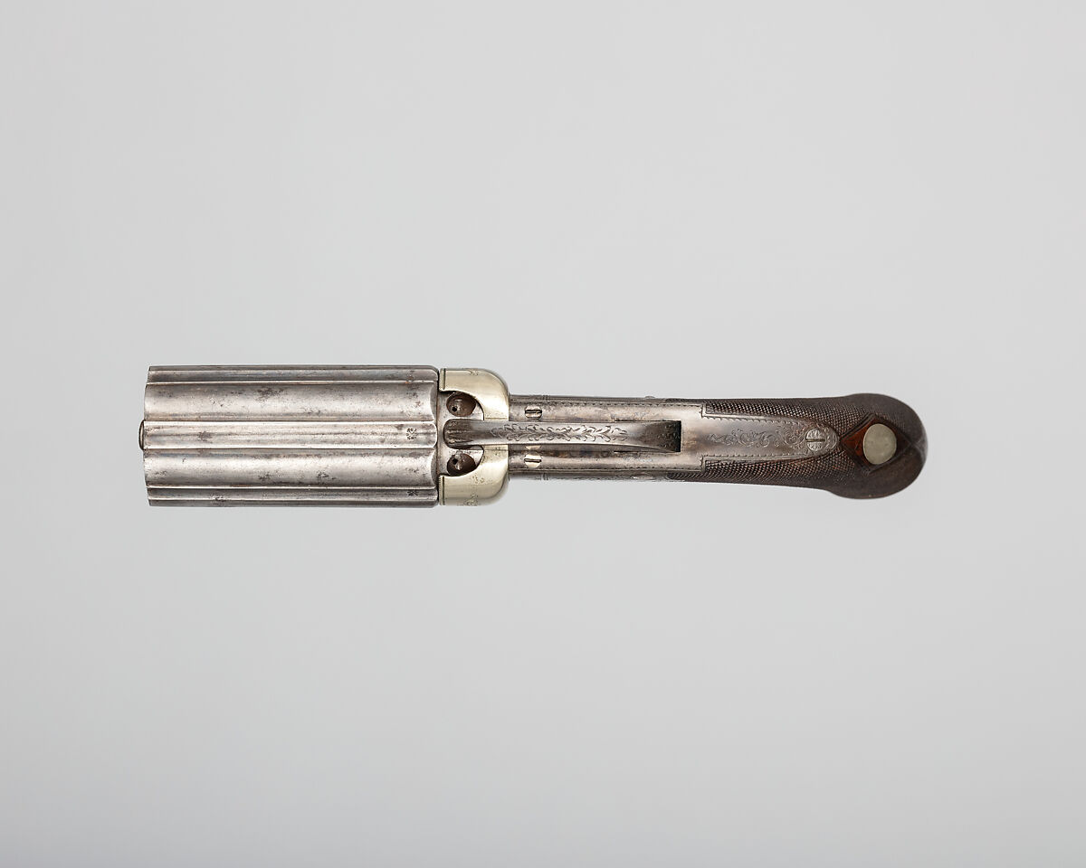 Six-Barreled Pepperbox Disk Primer Pistol with Case and Accessories, Joseph Rock Cooper (British, Birmingham 1814–1882 Warwickshire), pistol: steel, silver, wood (walnut); case: wood (mahogany), brass, textile; powder flask: copper, gold, brass, steel; ram rod: brass, steel; bullet mold: steel; cylinder container: tin (?), lacquer, British, Birmingham