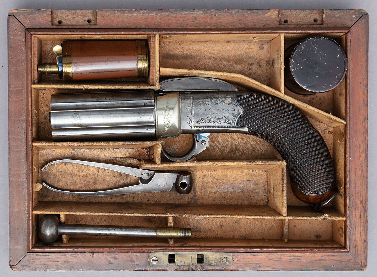 Six-Barreled Pepperbox Disk Primer Pistol with Case and Accessories, Joseph Rock Cooper (British, Birmingham 1814–1882 Warwickshire), pistol: steel, silver, wood (walnut); case: wood (mahogany), brass, textile; powder flask: copper, gold, brass, steel; ram rod: brass, steel; bullet mold: steel; cylinder container: tin (?), lacquer, British, Birmingham