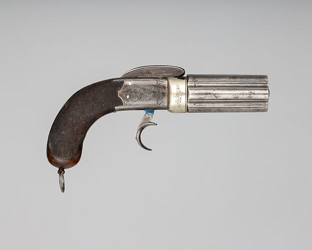 Six-Barreled Pepperbox Disk Primer Pistol with Case and Accessories