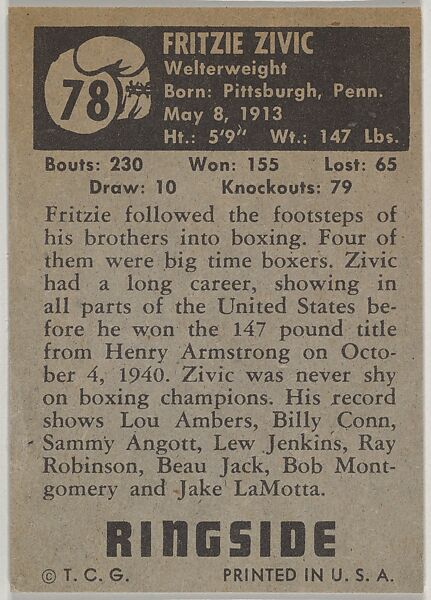 Fritzie Zivic, Welterweight Champion, 1940, from the Topps Ringside series (R411) issued by Topps Chewing Gum Company, Issued by Topps Chewing Gum Company (American, Brooklyn), Commercial color lithograph