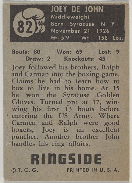 Joey De John, Middleweight, from the Topps Ringside series (R411) issued by Topps Chewing Gum Company, Issued by Topps Chewing Gum Company (American, Brooklyn), Commercial color lithograph