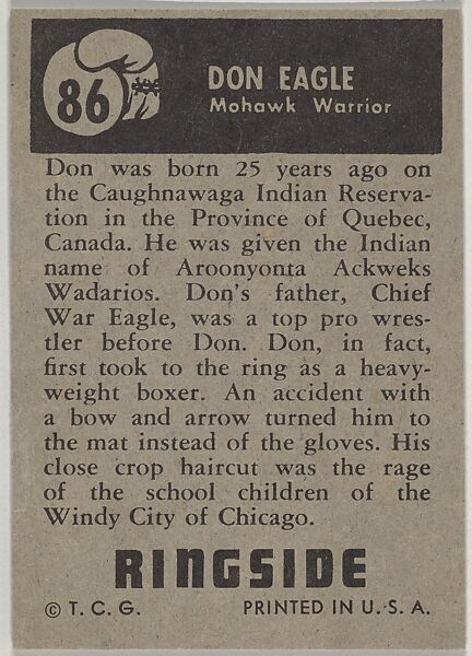 Don Eagle, from the Topps Ringside series (R411) issued by Topps Chewing Gum Company, Issued by Topps Chewing Gum Company (American, Brooklyn), Commercial color lithograph