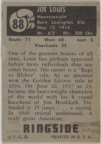 Joe Louis, Heavyweight Champion, 1937-1949, from the Topps Ringside series (R411) issued by Topps Chewing Gum Company, Issued by Topps Chewing Gum Company (American, Brooklyn), Commercial color lithograph