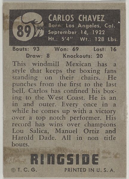 Carlos Chavez, Lightweight, from the Topps Ringside series (R411) issued by Topps Chewing Gum Company, Issued by Topps Chewing Gum Company (American, Brooklyn), Commercial color lithograph
