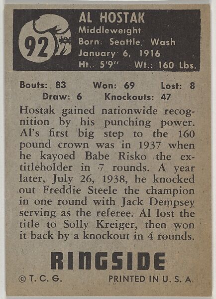 Al Hostak, Middleweight Champion, 1938, from the Topps Ringside series (R411) issued by Topps Chewing Gum Company, Issued by Topps Chewing Gum Company (American, Brooklyn), Commercial color lithograph