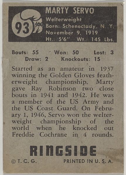 Marty Servo, Welterweight Champion, 1946-1947, from the Topps Ringside series (R411) issued by Topps Chewing Gum Company, Issued by Topps Chewing Gum Company (American, Brooklyn), Commercial color lithograph
