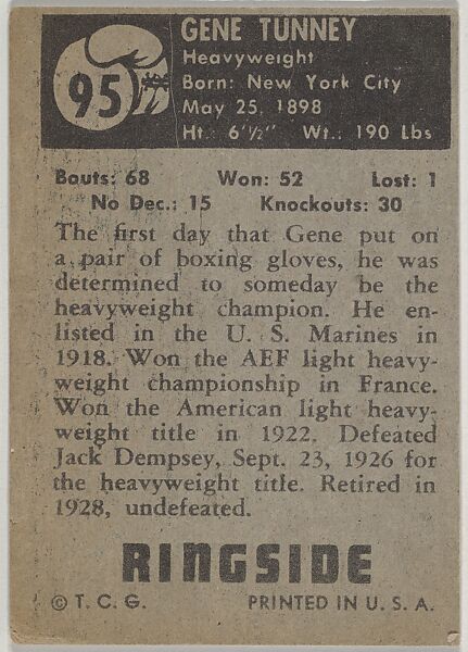 Gene Tunney, Heavyweight Champion, 1926-1928, from the Topps Ringside series (R411) issued by Topps Chewing Gum Company, Issued by Topps Chewing Gum Company (American, Brooklyn), Commercial color lithograph