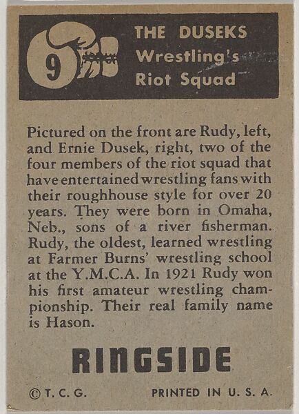Rudy and Emil Dusek, from the Topps Ringside series (R411) issued by Topps Chewing Gum Company, Issued by Topps Chewing Gum Company (American, Brooklyn), Commercial color lithograph
