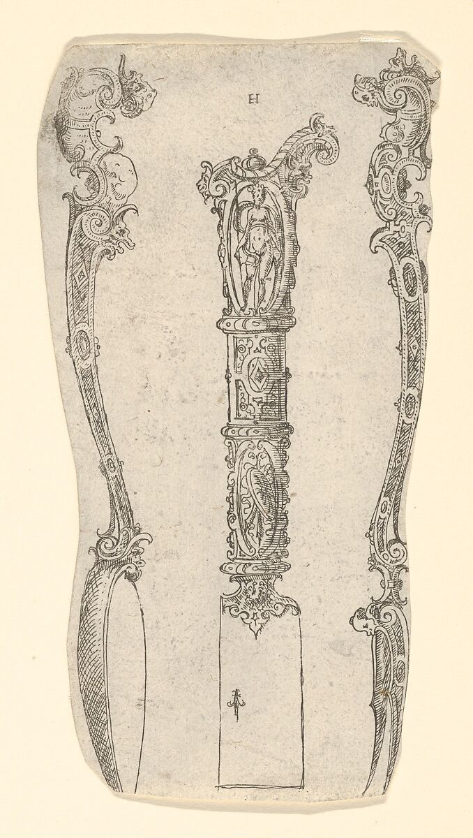 Design for a Knife, Spoon, and Fork, Erasmus Hornick (Netherlandish, Antwerp ca. 1520–1583 Prague), Etching (unique sheet) 