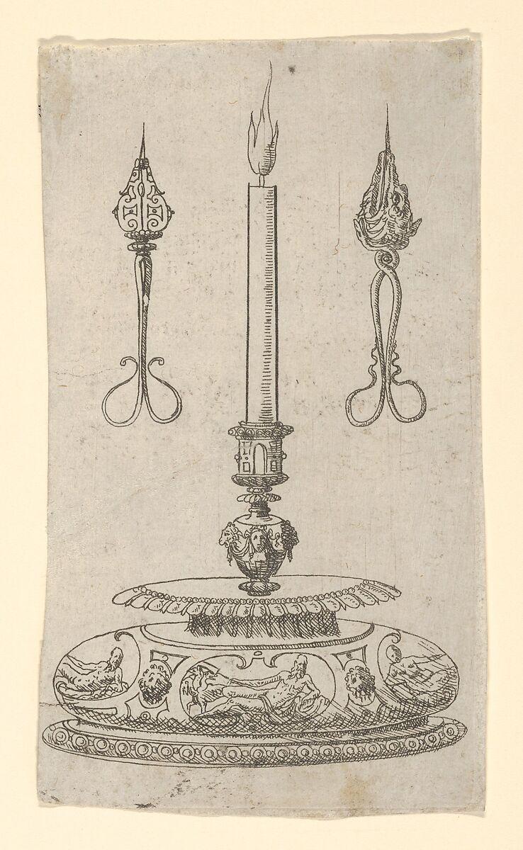 Design for a Candlestick with Candle Wick Trimmers, Erasmus Hornick (Netherlandish, Antwerp ca. 1520–1583 Prague), Etching (unique sheet) 