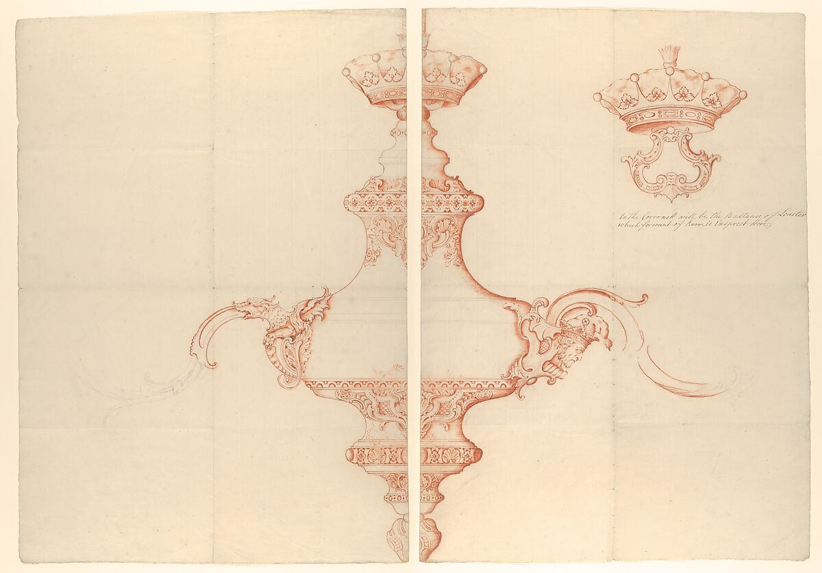 Design for a Silver Chandelier with Two Variants, George Wickes (British, Bury St Edmunds, Suffolk 1698–1761 Thurston, Suffolk), Red and black chalk 