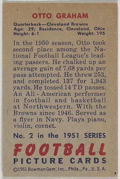 Card Number 2, Otto Graham, Quarterback, Cleveland Browns, from the Bowman Football series (R407-3) issued by Bowman Gum, Issued by Bowman Gum Company, Commercial color lithograph