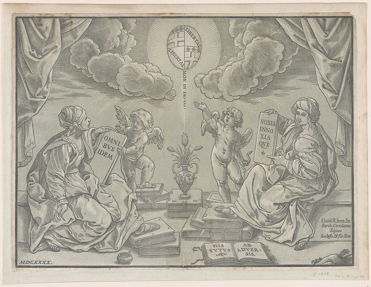 Allegory of a thesis, two women hold inscribed tablets, Bartolomeo Coriolano (Italian, Bologna ca. 1599–ca. 1676 Bologna (?)), Chiaroscuro woodcut from two blocks printed and green (only state) 