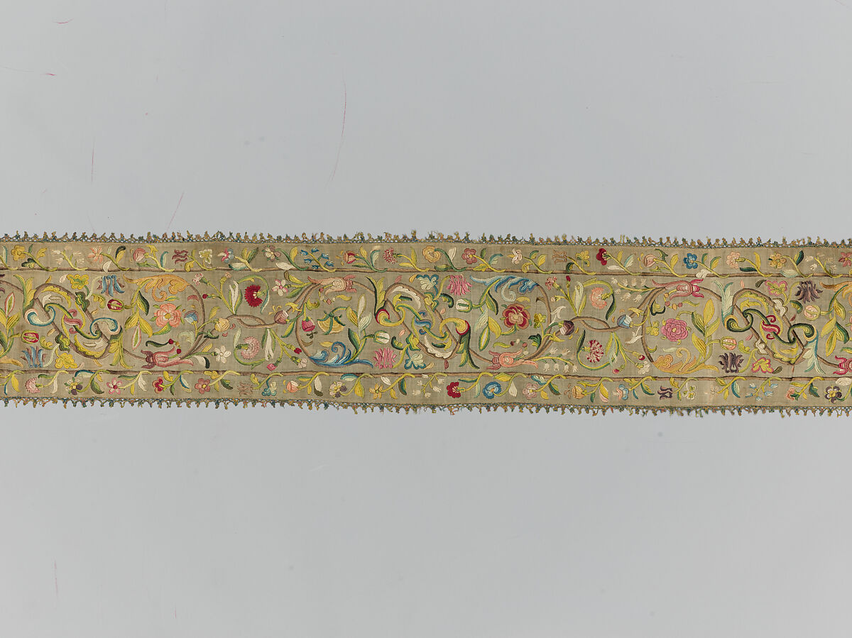 Torah binder, Possibly by Miriam Foa (probably Italian, first half of 17th century), Silk embroidery on linen textile, lace edging, woven silk backing, Italian