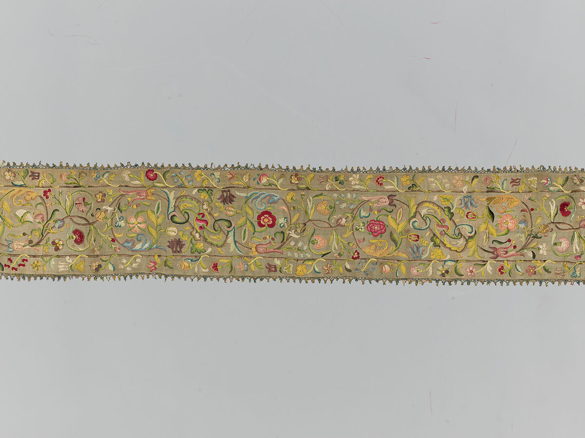 Torah binder, Possibly by Miriam Foa (probably Italian, first half of 17th century), Silk embroidery on linen textile, lace edging, woven silk backing, Italian