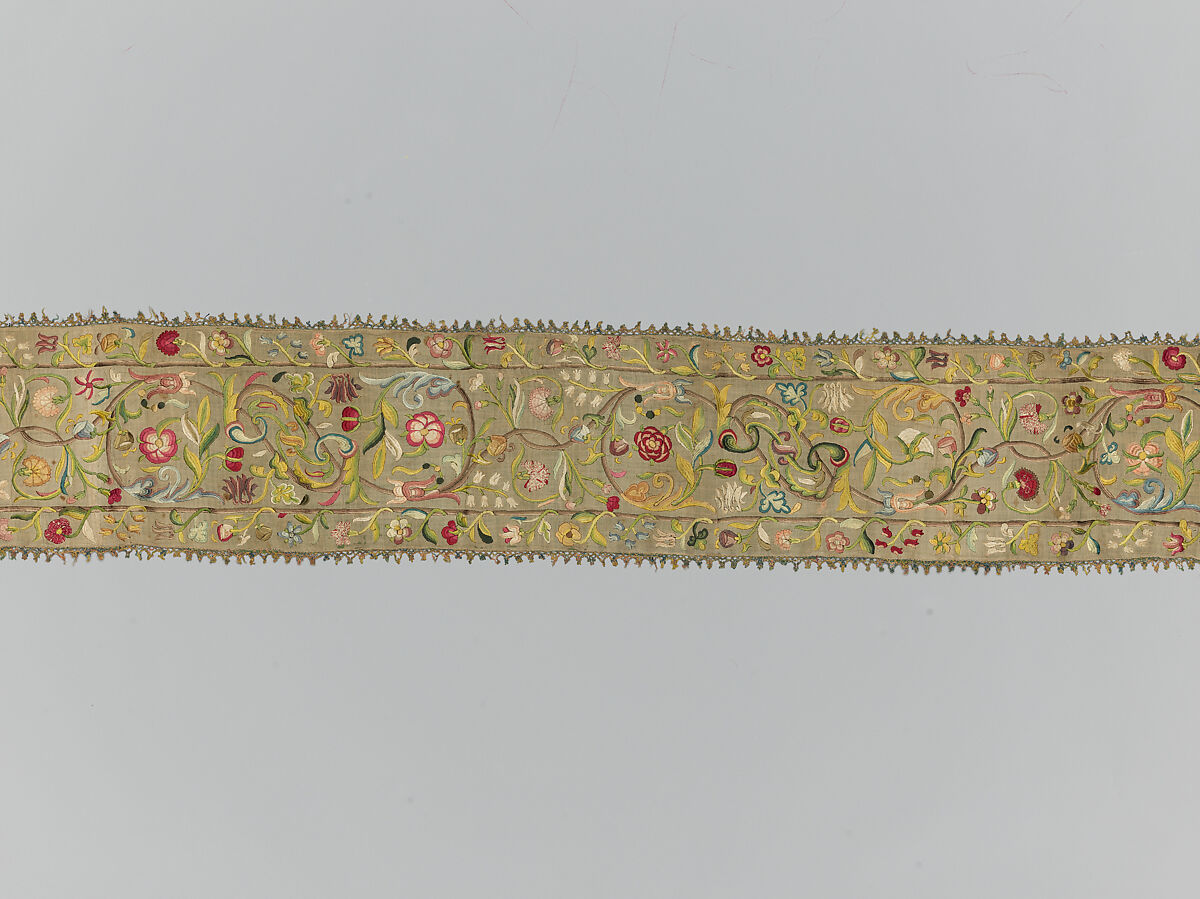 Torah binder, Possibly by Miriam Foa (probably Italian, first half of 17th century), Silk embroidery on linen textile, lace edging, woven silk backing, Italian