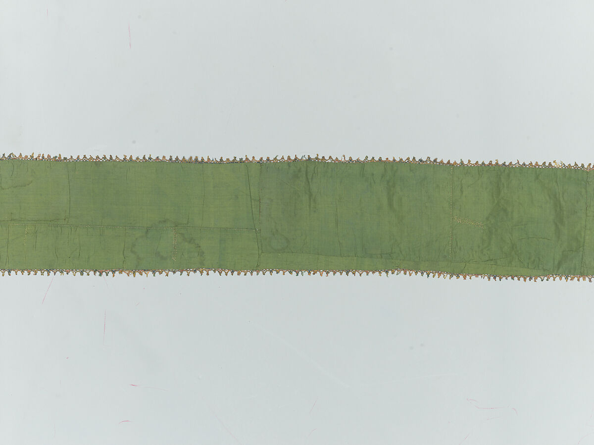 Torah binder, Possibly by Miriam Foa (probably Italian, first half of 17th century), Silk embroidery on linen textile, lace edging, woven silk backing, Italian